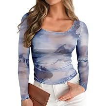 Pink Queen Mesh Top for Women Long Sleeve See Through Shirt Scoop Neck Sheer Blouse