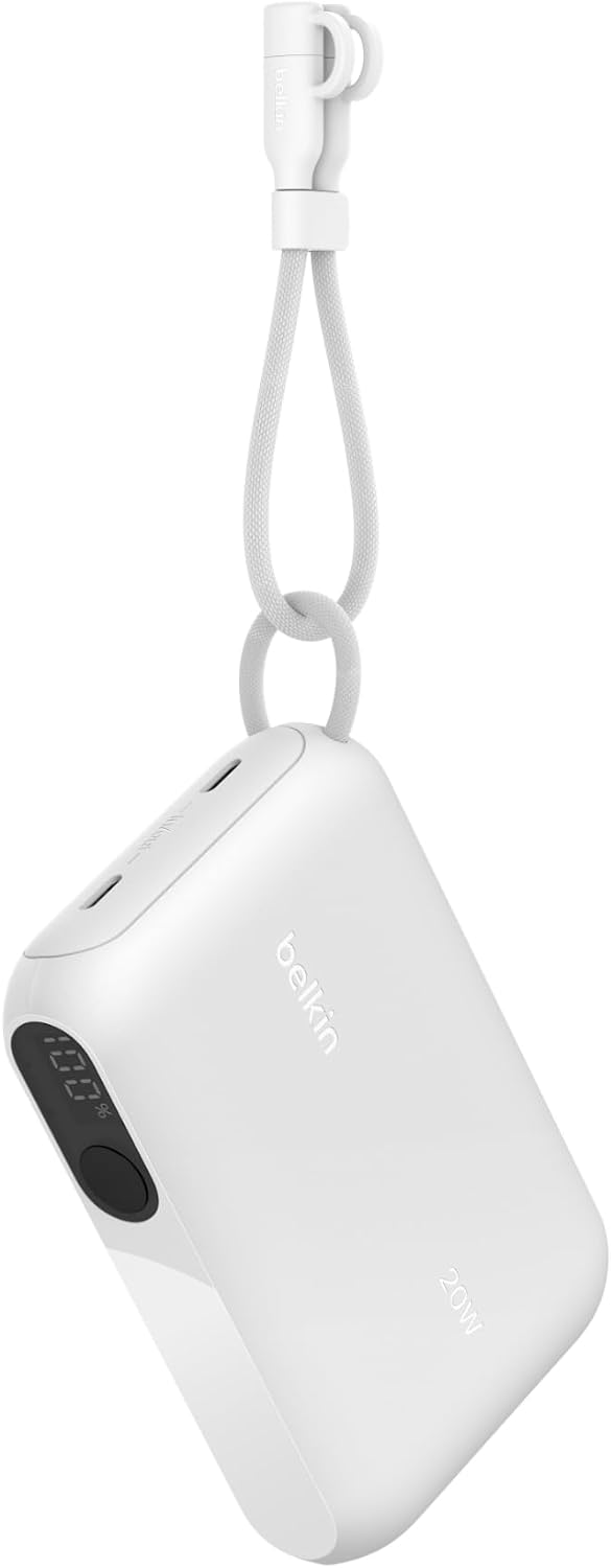 Belkin Taşınabilir Şarj Cihazı, 10.000 mAh USB-C İnce Güç Kaynağı, 2 USB-C Port, Dijital Pil Göstergesi, 20 W Hızlı Şarj, iPhone 16, 15 Serisi, Samsung Galaxy S25, S24, Pixel 9, iPad ve Fazlası, Beyaz
