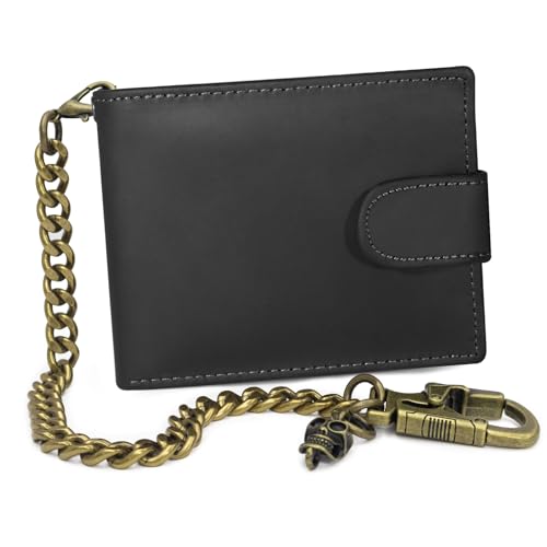 Ahiller Bifold Chain Wallet for Men, Biker Crazy Horse Leather Wallet with Chain, Detachable Double-Lock Carabiner Clip Key Chains Classic Wallets for Mens & Teen Boys-Black