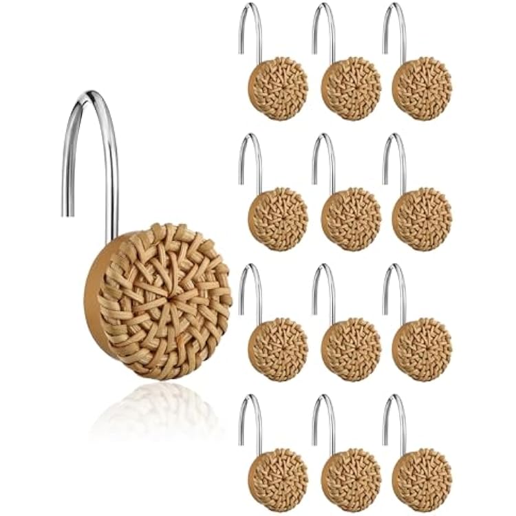 Colingmill 12 Pcs Boho Knots Shower Curtain Hooks Home Decorative Shower Rings Woven Wicker Ratten Decorative for Bathroom Farmhouse Curtain Hangers AccessoriesWood Color