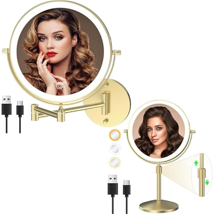 Rechargeable Wall Mounted Lighted Makeup Vanity Mirror 8 Inch Double Sided 1X 10X Magnifying Bathroom Mirror, 3 Color Lighting, Touch Screen Dimming, 360 Rotation Shaving Mirror Gold