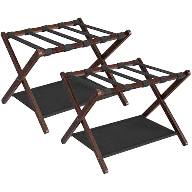 HOOBRO Luggage Racks, Set of 2 Folding Luggage Holders, Bamboo Suitcase Stands, with Nylon Straps and Oxford Fabric Shelf, for Guest Room, Hotel, Bedroom, Brown and Black BR17XLP201G1