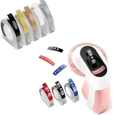 Zodzi Pink Embossing Label Maker Machine with 8 Rolls Label Tapes,8 Packs Muti-Color 3D Embossing Label Tapes in Total, Black/Sliver/Gold/Clear/Champagne