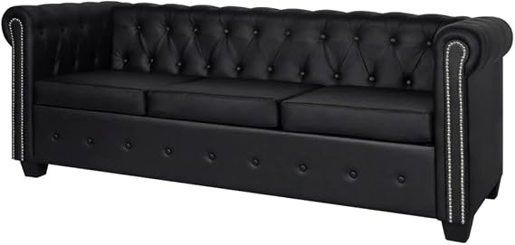 Chesterfield 3-Seater Sofa Artificial Leather Black Tufted Back Luxury Furniture for Living Room Office Modern Home Decor with Studded Detailing