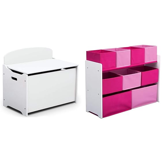 Delta Children MySize Deluxe Toy Box with Multi-Bin Toy Organizer, White/Pink Bins