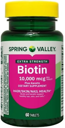 Spring Valley Extra Strength Biotin Plus Keratin Dietary Supplement Tablets for Hair/Skin/Nail Health, 10,000 mcg, 60 Count