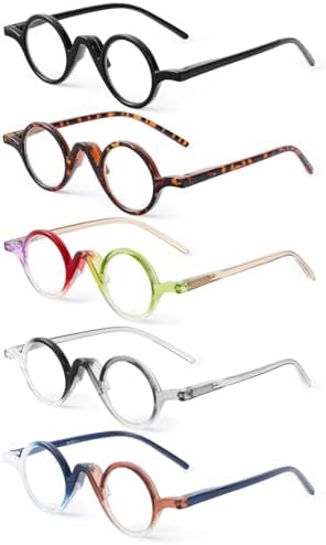 JM 5 Pack Round Reading Glasses for Women Men, Vintage Small Blue Light Blocking Computer Readers with Spring Hinges