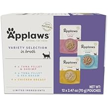 Applaws Natural Wet Cat Food in Broth, Limited and Natural Ingredients, High Protein with No Artificial Additives, Variety Pack in Broth (12 x 2.47oz Pouches)