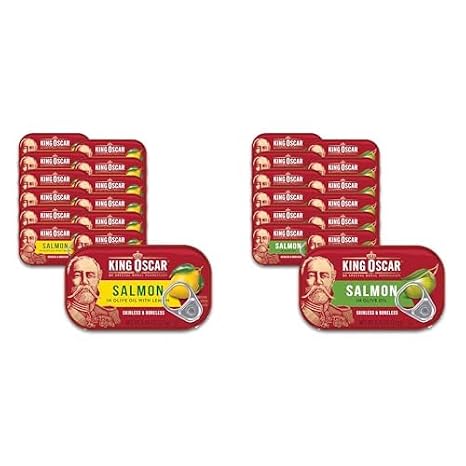 King Oscar Premium Skinless & Boneless Salmon Bundle - Olive Oil with Lemon and Classic Olive Oil (4.05-Ounce Cans, Pack of 12 Each)