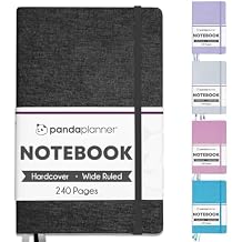 Panda Planner Wide Ruled Notebook 5.75" x 8.25" Hardcover Faux Leather Journal with 240 Wide Lined Pages Thick 120 GSM Paper for Work, School, Note Taking & Productivity (Black)