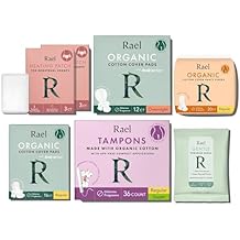 Rael Period Value Pack - Regular Pad 1 Pack, Overnight 1 Pack, Regular Liner 1 Pack, Flushable Feminine Wipes 1 Pack & Compact Tampons (Regular & Super, 36 Count) & Heating Patch (6 Count)