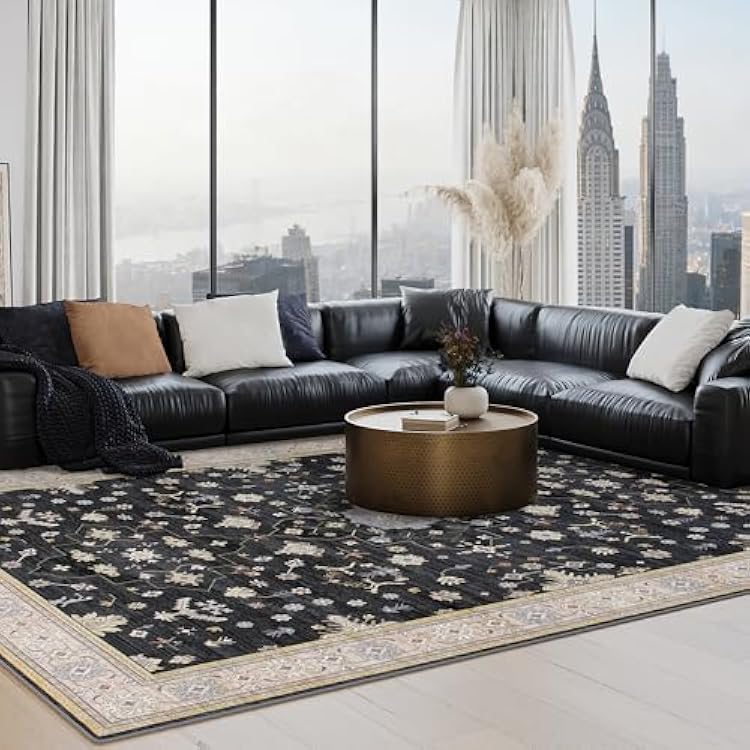 5x7 Washable Boho Rugs for Bedroom, Black Area Rug for Living Room, Soft Faux Wool Modern Carpet for Kids Playroom Dorm Nursery Dining Room Office Home Laundry, Non Slip Low Pile Mat, BlackGold