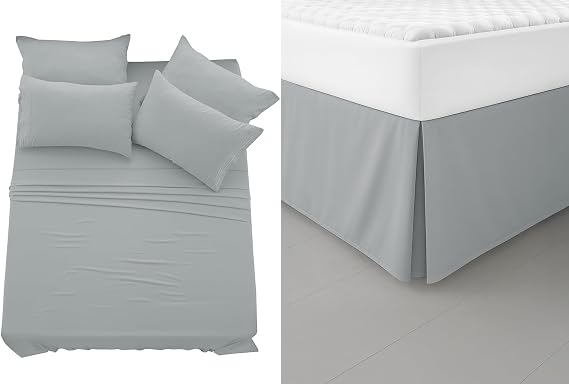 LUX Decor 7-Piece King Bedding Bundle Brushed Microfiber Sheet Set with 16" Deep Pockets & Matching Bed Skirt Includes Embroidered Pillowcases, Fitted Sheet, Flat Sheet & Pleated Skirt Grey