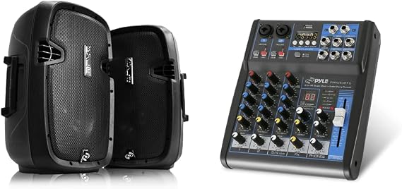 Pyle Wireless Portable PA System - Bluetooth Compatible Active + Passive Pair Outdoor Sound Speakers & Professional Audio Mixer Sound Board Console System Interfacen Streaming FX 16-Bit DSP Processor