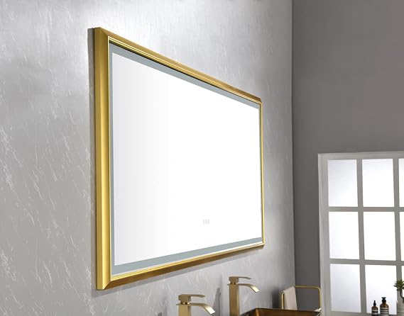 Brushed Gold Framed LED Bathroom Mirror with Lights, Smart Mirror withDefogger, Large Rectangular Dimmable Bathroom Vanity Mirror, Wall Mirror Kit Also for Gym, Dance Studio 42 in. x 24 in.
