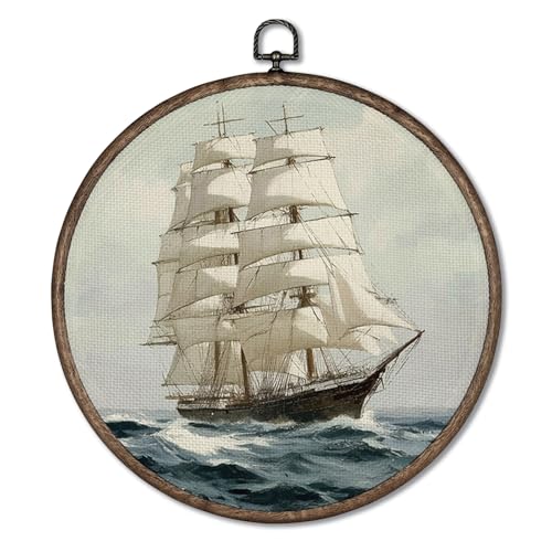 Giosve Nautical Sailboat Round Wall Art Canvas Framed Poster, Coastal Beach Ocean Seascape Sailboat Hanging Wall Sculptures for Home Bedroom Living Room Decor, 10x10 Inch