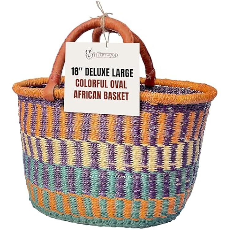 Africa Heartwood Project - Deluxe Large Oval Colorful African Basket with Leather Handle - Classic Heartwood Bolga Market Basket from Women in Bolgatanga, Ghana - 18 Oval Flat-packed
