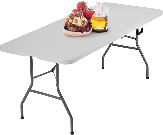 BestOffice | 6FT Folding Table | White | Portable Plastic Table | with Carry Handle | Waterproof & Foldable Table Design | Steel Frame with Lock | for Events, Camping, Indoor & Outdoor Use