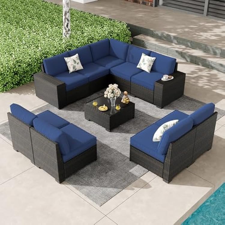 Patio Furniture Set, 10 Pieces Outdoor Couch Sofa with Wider Armrests & Glass Coffee Table, Outdoor Sectional Furniture with Thick Cushions for Party, Poolside,Garden-Navy