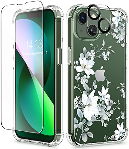 GVIEWIN for iPhone 13 Case Floral, with Screen Protector&Camera Lens Protector,[Non Yellowing] Soft Shockproof Clear Phone Protective Cover for Women, Flower Pattern Design 6.1SerissanWhite