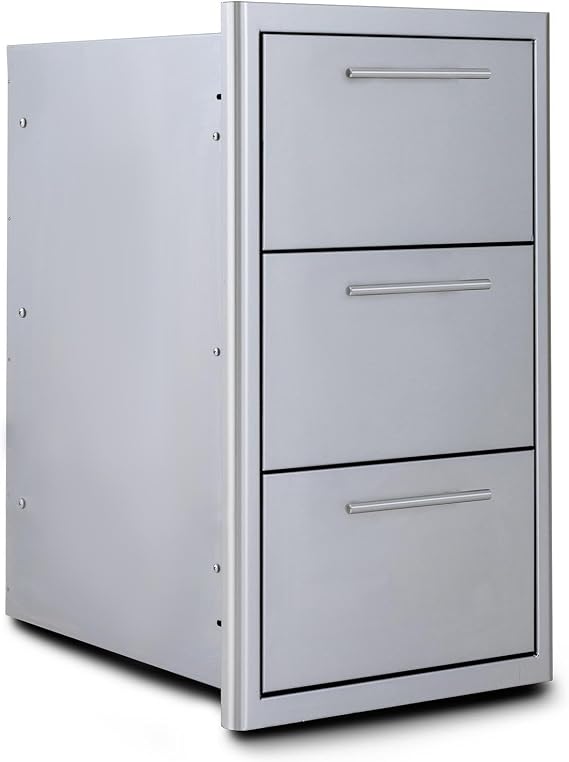 Blaze 16-Inch Triple Access Drawer Made in USA Stainless Steel Outdoor Kitchen Storage with Soft-Close Drawers & LED Lighting