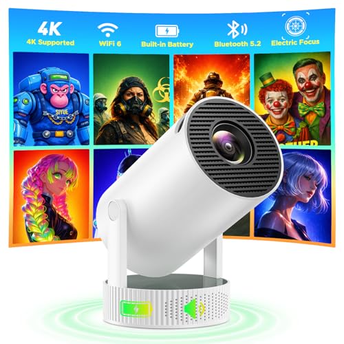 Mini Projector with Built-in Rechargeable Battery for Outdoor, Portable Projector with WiFi and Bluetooth, 4K Projector for Bedroom, Smart Projector