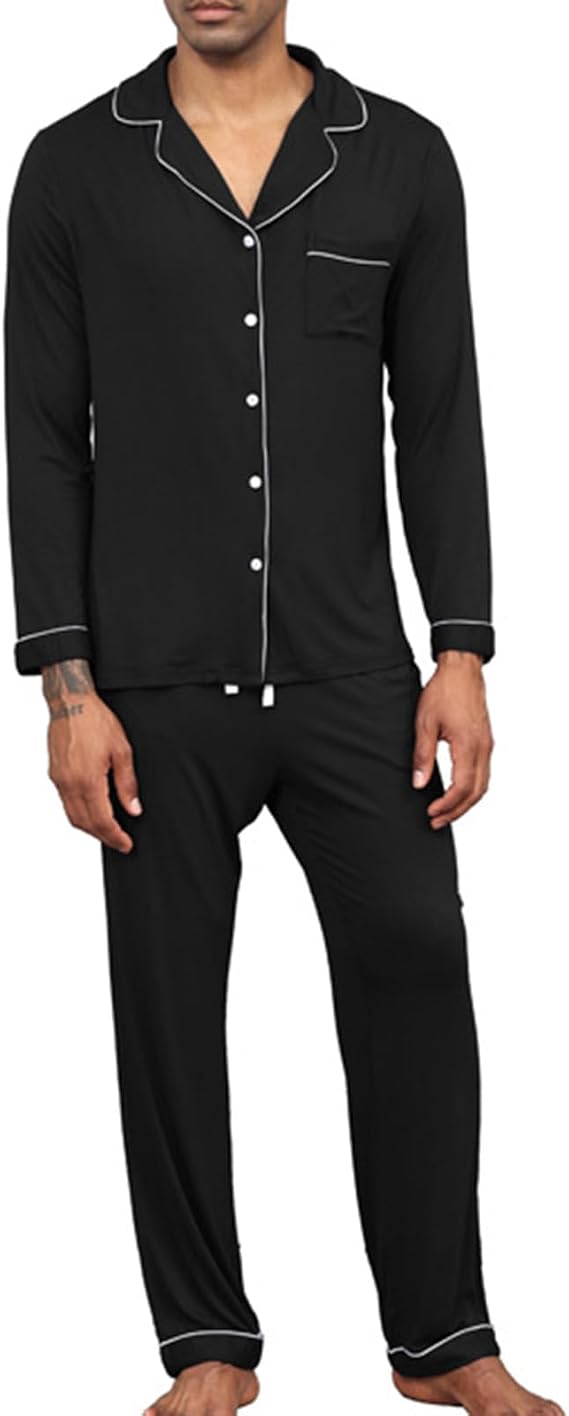 Pajamas for Men Cotton 2 Pieces Nightwear Turn-Down Collar Long Sleeve and Pants Sleepwear Button Pj Lounge Set