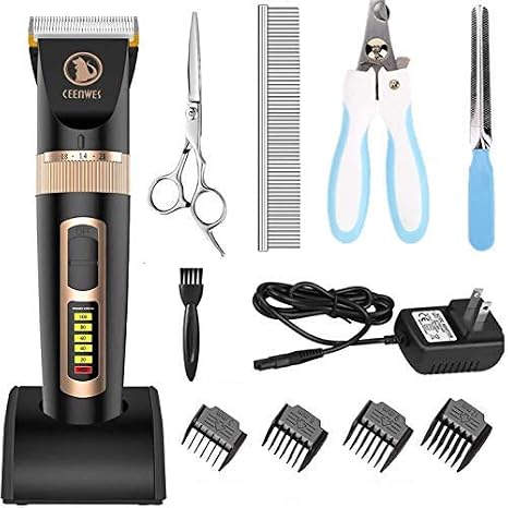 Ceenwes Dog Clippers Cordless Pet Grooming Kit, Adjustable Blade Sizes, Low Noise, Rechargeable Li-ion Battery, LED Power Indication, Includes All Accessories
