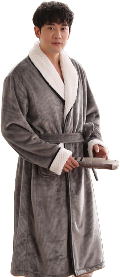 Thickened Premium Mens Plush Soft Robe Fluffy, Fleece Sherpa Shaggy Wool Bathrobe Nightgown Pajamas