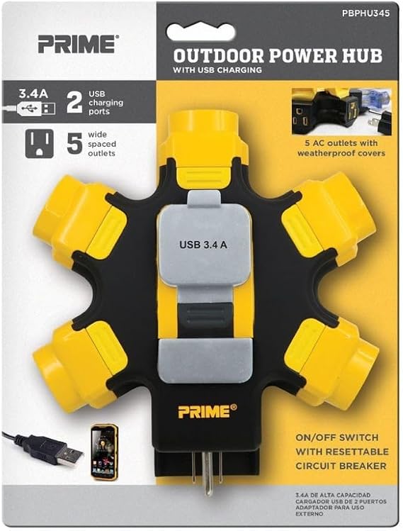 Prime PBPHU345 Outdoor Black/Yellow Power Hub 2-Port 3.4 Amp USB Charger w/5 AC Outlets