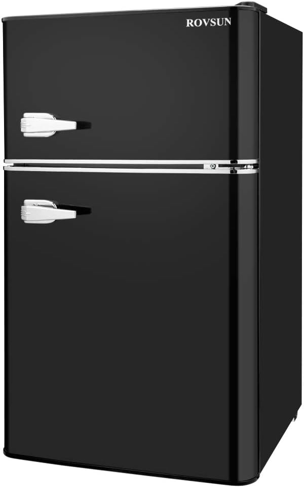 ROVSUN Double Door Small Refrigerator, 3.2 CU FT Mini Fridge with Freezer for Apartment Bedroom Office Dorm with Removable Glass Shelf Black