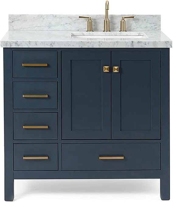 ARIEL Cambridge A037SRCWRVOMNB 37" Inch Single Right Offset Rectangular Sink Solid Wood Midnight Blue Bathroom Vanity Cabinet with 1.5" Inch Edge White Carrara Marble Countertop and Backsplash