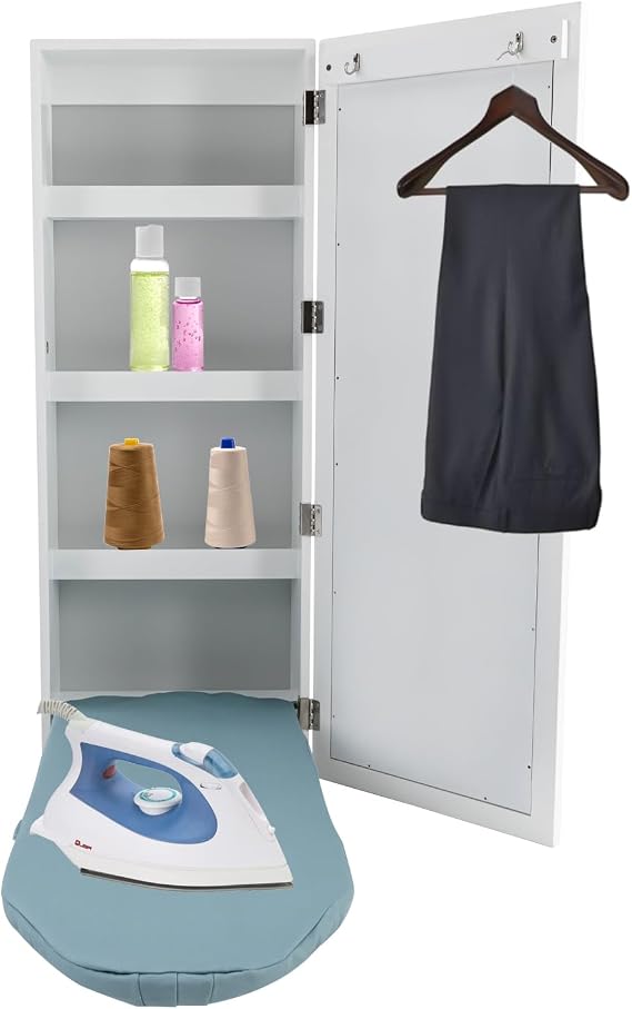Ironing Board Cabinet,Hanger Wall Mounted Storage Cabinet Foldable with Mirror,Ironing Board Storage Organizer Shelf,Electric Iron Holder,for Any Home,Small Apartment,Hotel,Laundry Room,White