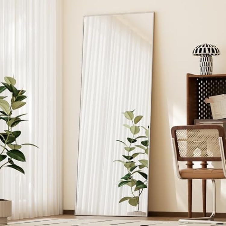 BEAUTYPEAK Full Length Mirror with Stand, 56x21 Floor Mirror with Aluminum Alloy Thin Frame, ShatterVue Tempered Full Body Mirrors, Free Standing or Wall-Mounted Mirrors for Living Room, Silver