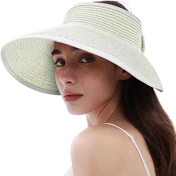 Sun Visor Hats for Women Wide Brim Straw Ponytail Summer Beach Hat UV UPF Packable Foldable Travel,Rolled Brim