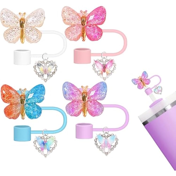 Butterfly Straw Topper with Charms Set, 8 Pieces 10mm Pink Straw Cover Compatible with Stanley Cup 30&40 Oz with Clip-On Bling Cross Ornament, Cute Sports Water Bottle Accessory