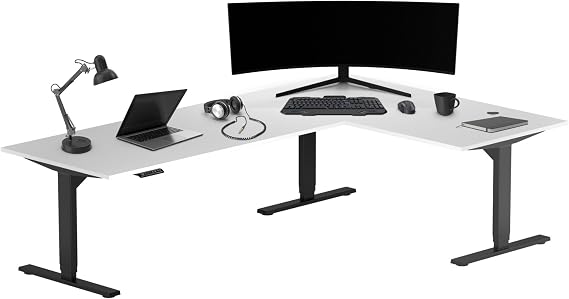 L Shaped Height Adjustable Standing Desk 88" x 55" - Corner 3 Stage Height Adjustable Electric Executive Desk - Electric Stand Up Rising Workstation - Black Frame/Warm White Top