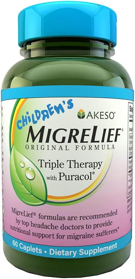 Children's MigreLief - Triple Therapy with PuracolTM - Nutritional Support for Pediatric Migraine Sufferers - 60 Caplets/1 Month Supply
