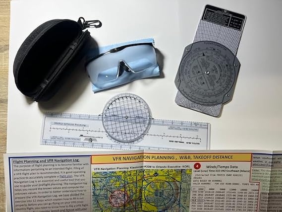 Private Pilot Training Gears, (E6B) Computer, Rotating Plotter, View Limiting Device (Foggle) and Visualized VFR NAV Planning Poster All in ONE
