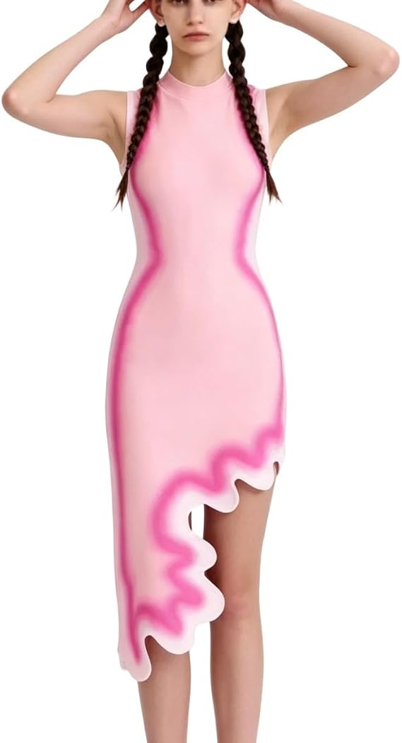 Women's Asymmetrical Wavy-Pattern Dress: Elegant Knit High-Waisted, Figure-Hugging, Butt-Lifting Maxi Dress