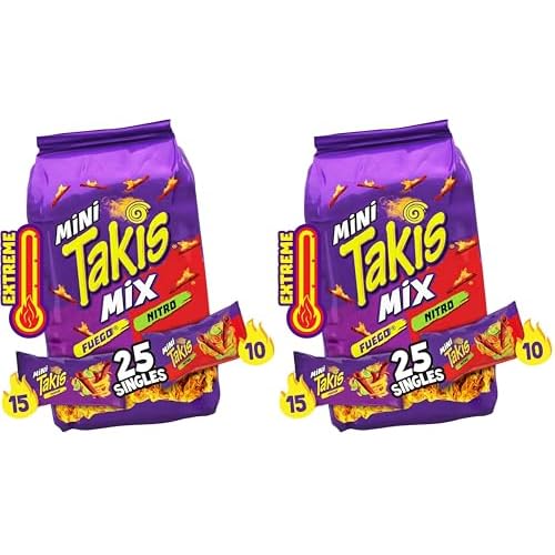 Takis Mini 25 pc  1.23 oz Bite Size Variety Pack, Assorted Flavored Mixed Rolled Tortilla Chips 15 Fuego Mini 1.23 oz, 10 Nitro Mini 1.23 oz Pack of 2