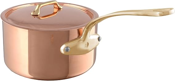 Mauviel M'Heritage 200 B 2mm Polished Copper & Stainless Steel Sauce Pan With Lid, And Brass Handles, 3.3-qt, Made in France