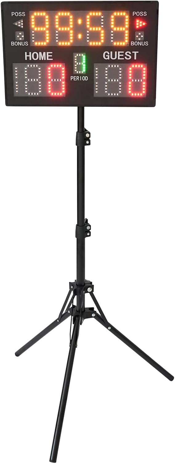 Electronic Scoreboard with Stand, Portable Tabletop Electronic Digital Scoreboards with Timer Clock, LED Scoreboard with Adjustable Tripod Height for Ping Pong, Basketball, Volleyball(Black)
