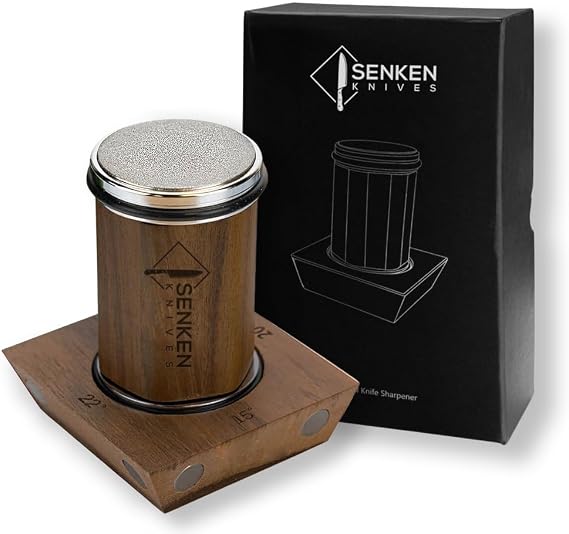 SENKEN Rolling Knife Sharpener with Solid Wood Magnetic Base - Sharpens at 4 Angles 15, 18, 20, and 22 - Includes Diamond and Ceramic Discs