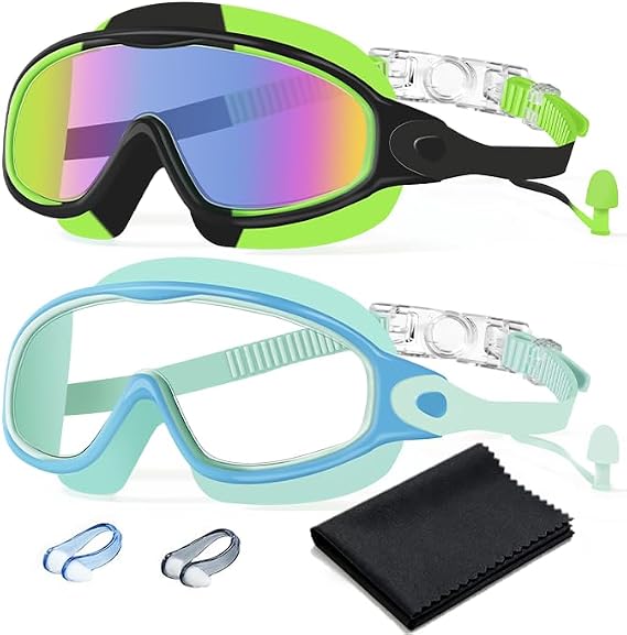Swim Goggles 2 Pack Anti-Fog Anti-UV Wide View No Leakage Swimming Goggles for Kids 3-15 with Earplugs