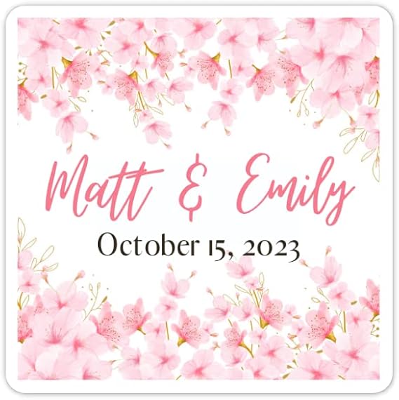 60 Custom Cherry Blossom Wedding Stickers, 2 inch square, Personalized Wedding Favor