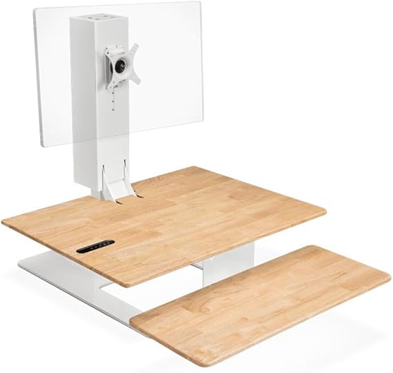UPLIFT DESK - E7 Electric Standing Desk Converter, White Base, Natural Rubberwood Worksurface (Single Monitor)