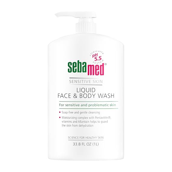 SEBAMED Liquid Face and Body Wash For Sensitive Skin pH 5.5 Mild Gentle Hydrating Cleanser Hypoallergenic Dermatologist Recommended 33.8 Fluid Ounces (1 Liter) For Healthier Smoother Skin