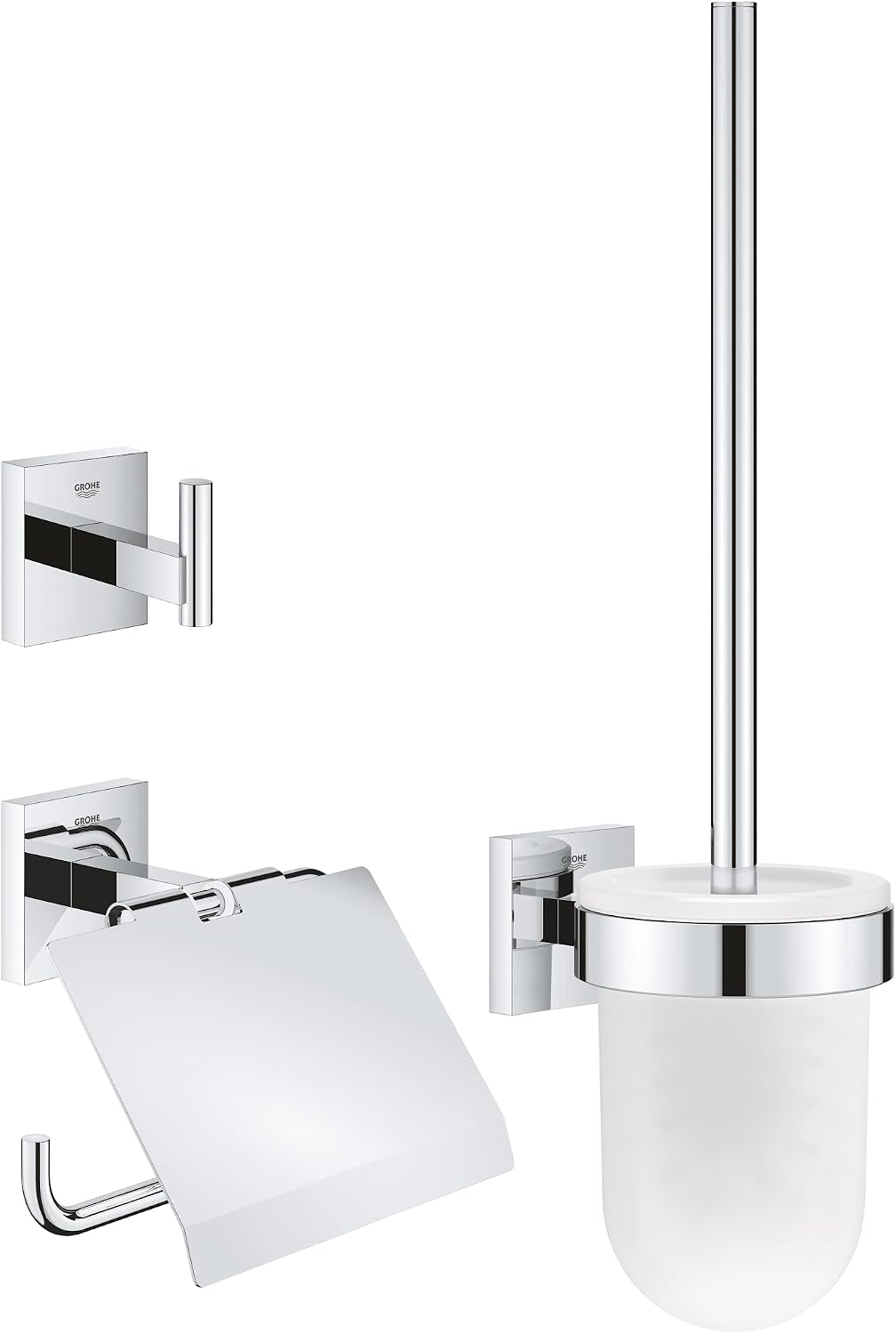 GROHE Start Cube QuickFix Triple Toilet Accessory Set, Toilet Paper, Toilet Brush, Bathrobe Strap, ShowerBathroom Accessories, Chrome, 41123000