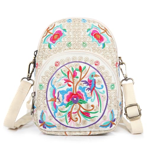 Embroidery Flowers Canvas Crossbody Bag, Women Messenger Bag, Cellphone Pouch Purse